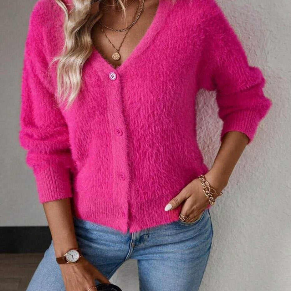Front view showing v-neckline and button placket