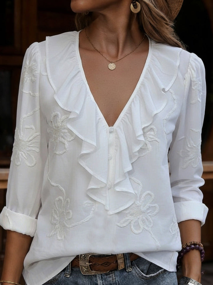 Front view showing deep V-neckline with ruffle trim and button placket, white