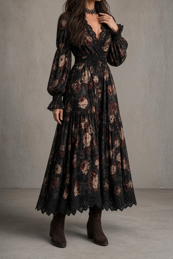 Front view of v-neckline, long sleeves, banded waist and tiered skirt with lace hem