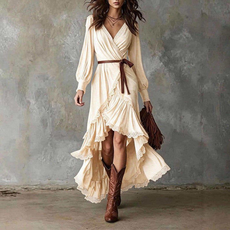 Front view showing v-neckline, wrap bodice, waist tie and tiered ruffle hem, beige