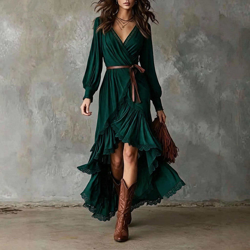Front view showing v-neckline, wrap bodice, waist tie and tiered ruffle hem, green