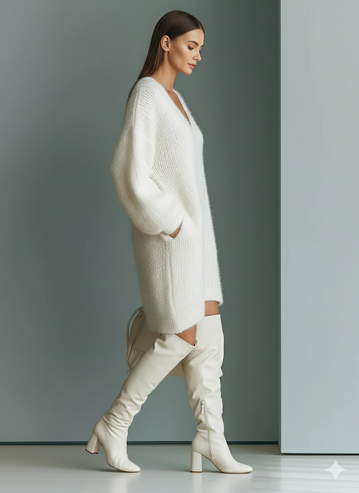 Side view showing long sleeves and above-knee hem
