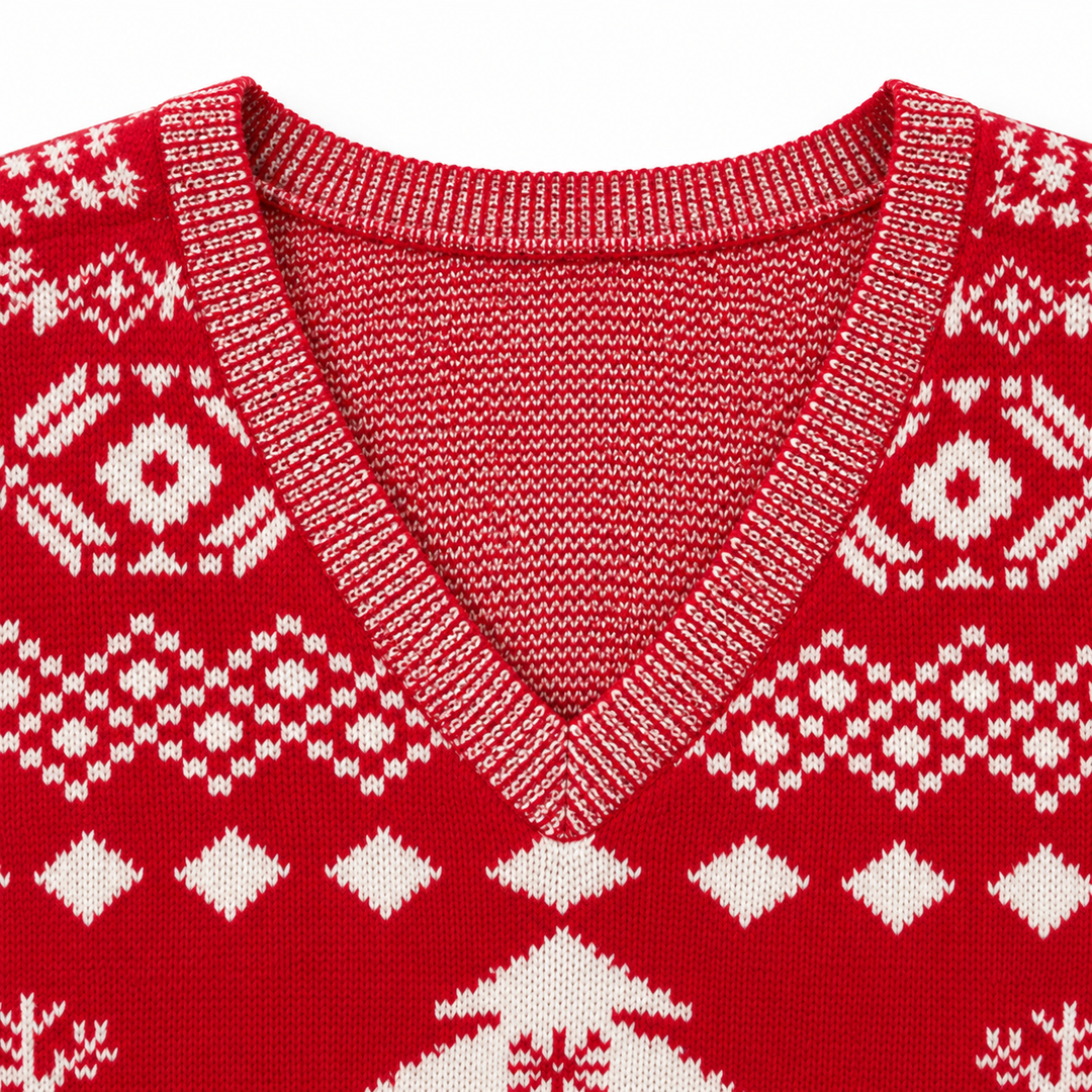 Detail view of the v-neckline with ribbed edging