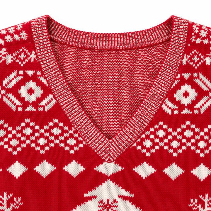 Detail view of the v-neckline with ribbed edging