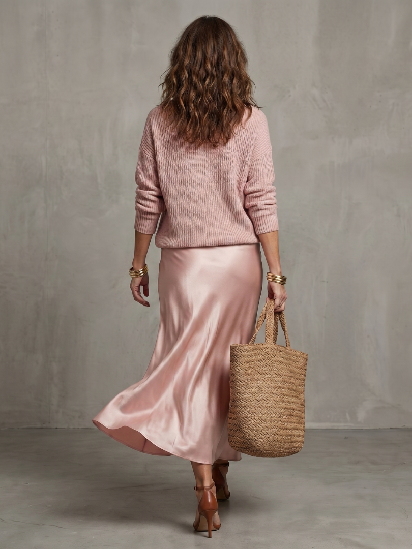 Back view of sweater and skirt