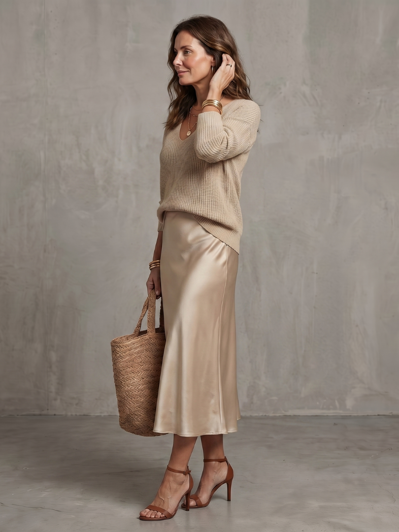 Side view of sweater and bias skirt