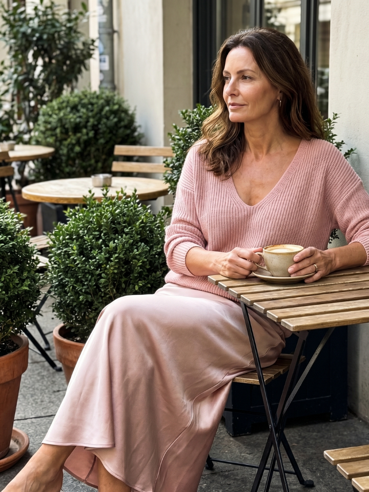 Front view of v-neckline, long sleeves and skirt