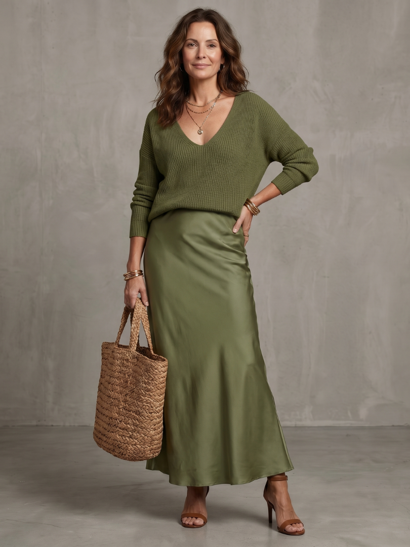 Front view of v-neckline, long sleeves and skirt, green