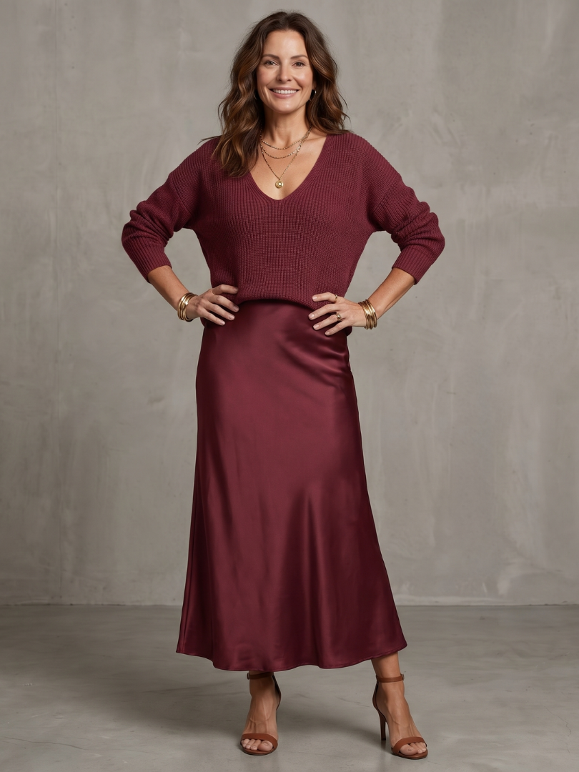 Front view of v-neckline, long sleeves and skirt, burgundy