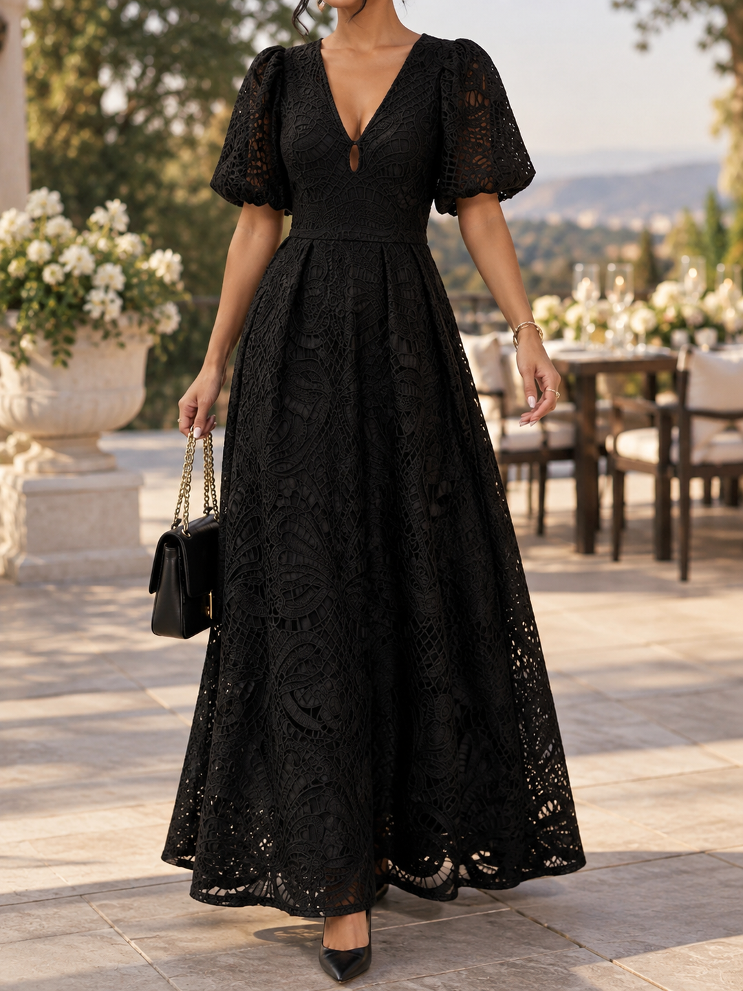 Solana | Women’s V-Neck Puff Sleeve Openwork Maxi Dress