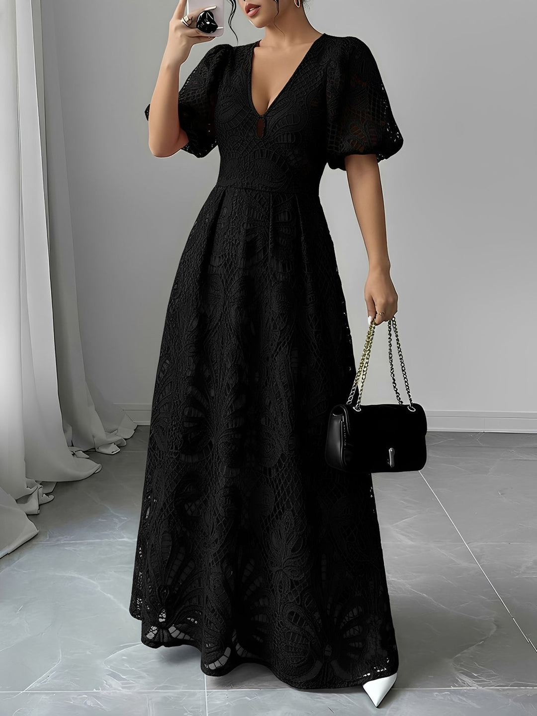 Solana | Women’s V-Neck Puff Sleeve Openwork Maxi Dress
