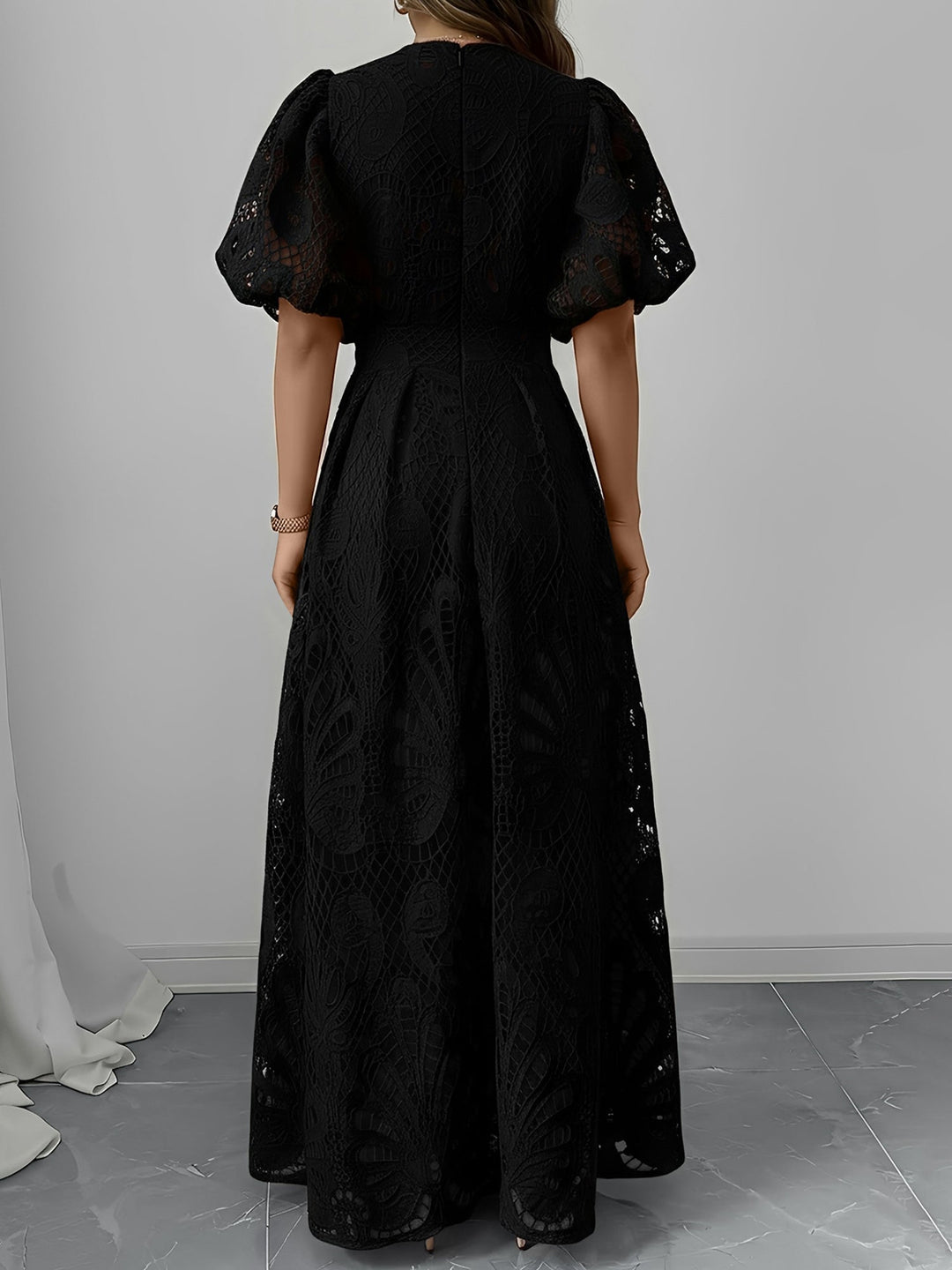 Solana | Women’s V-Neck Puff Sleeve Openwork Maxi Dress