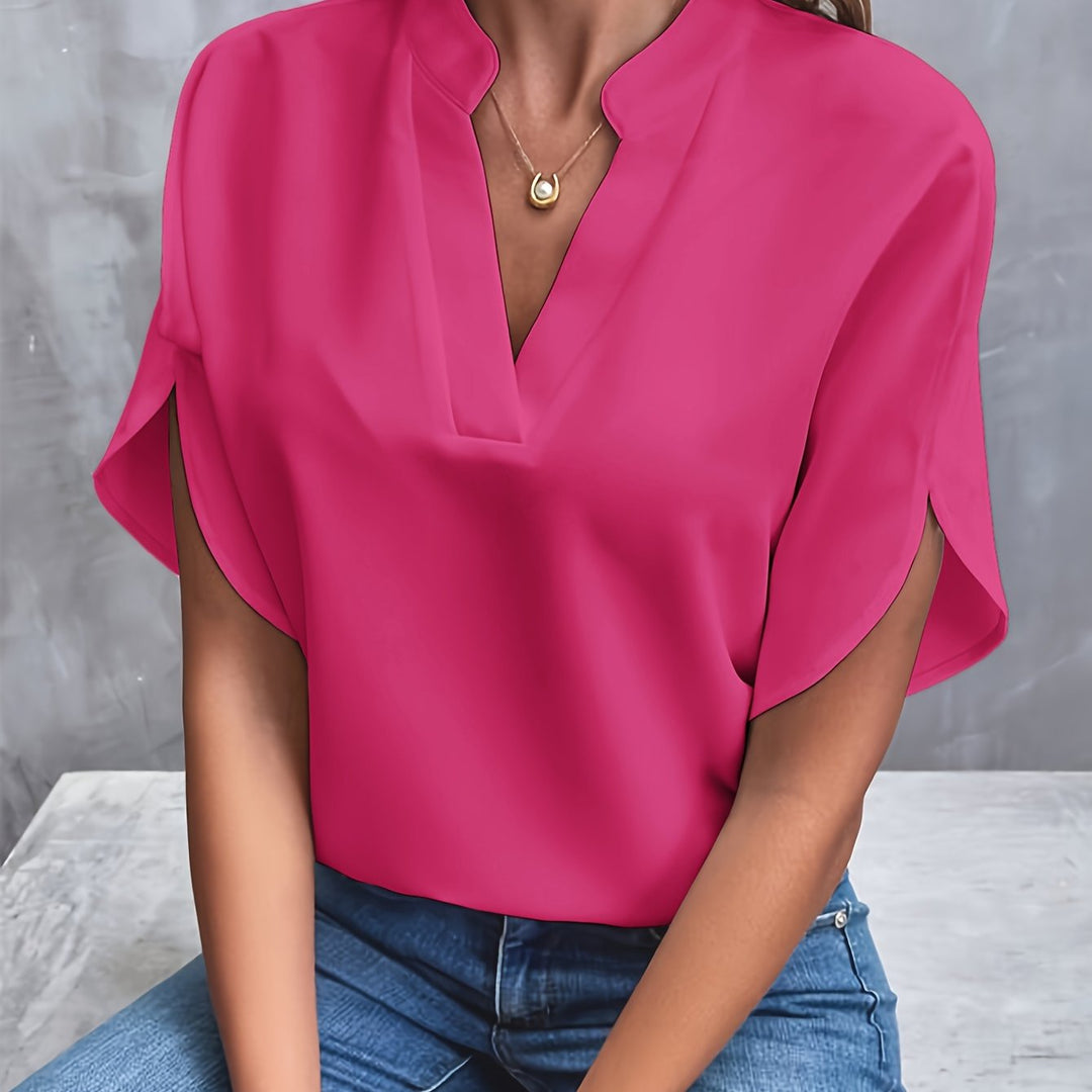 Front view of v-neckline and split sleeves, pink