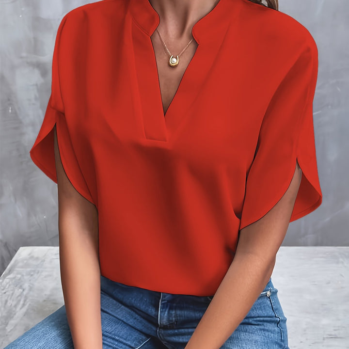 Front view of v-neckline and short sleeves, red