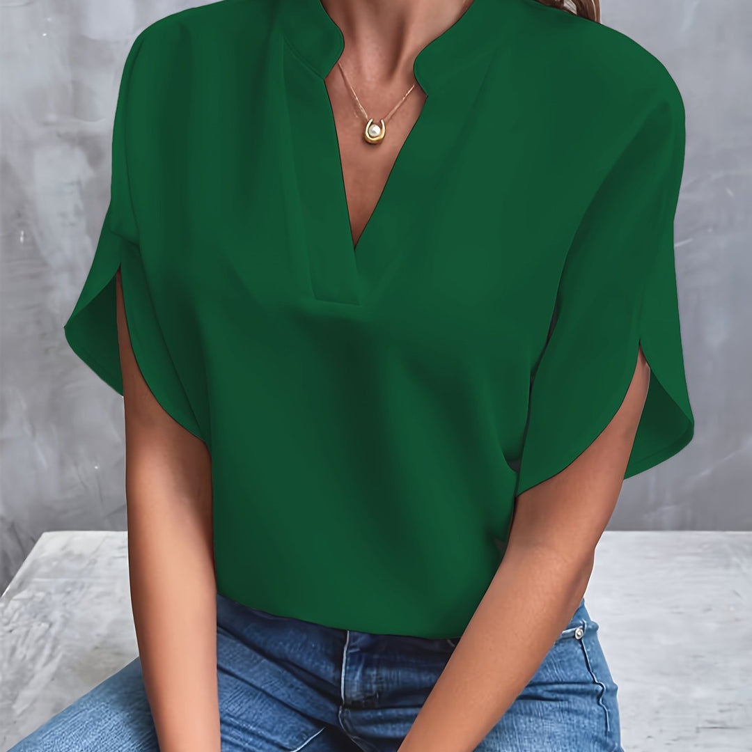 Front view of v-neckline and short sleeves, green