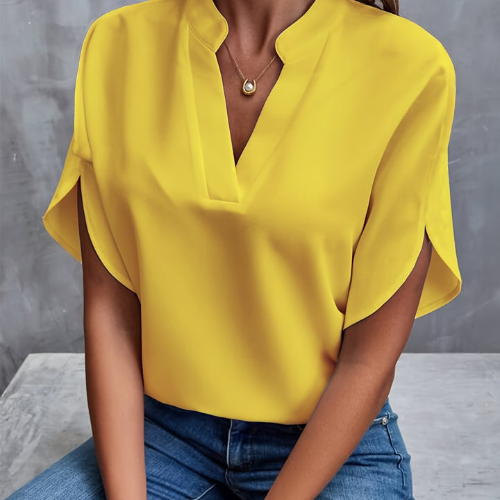 Front view of v-neckline and short sleeves, yellow
