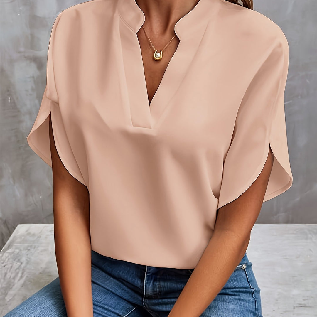 Front view of v-neckline and short sleeves, beige