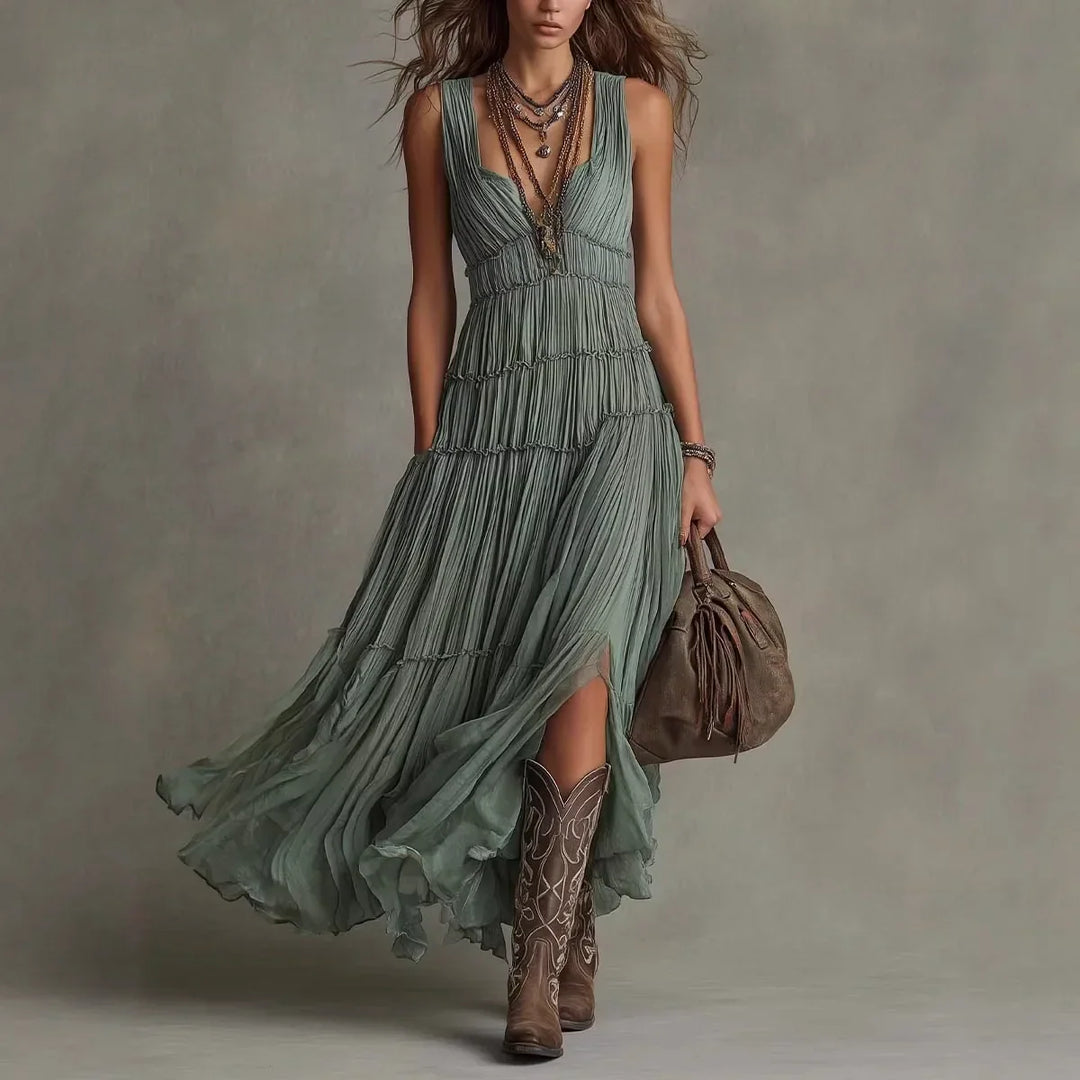 Side view of tiered skirt and banded waist, green
