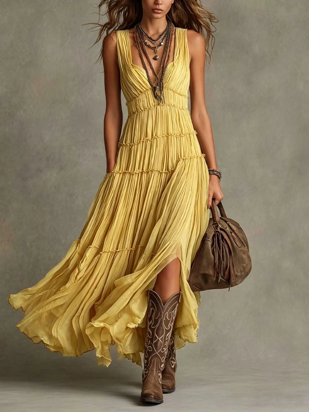 Front view of V-neckline and tiered skirt, yellow