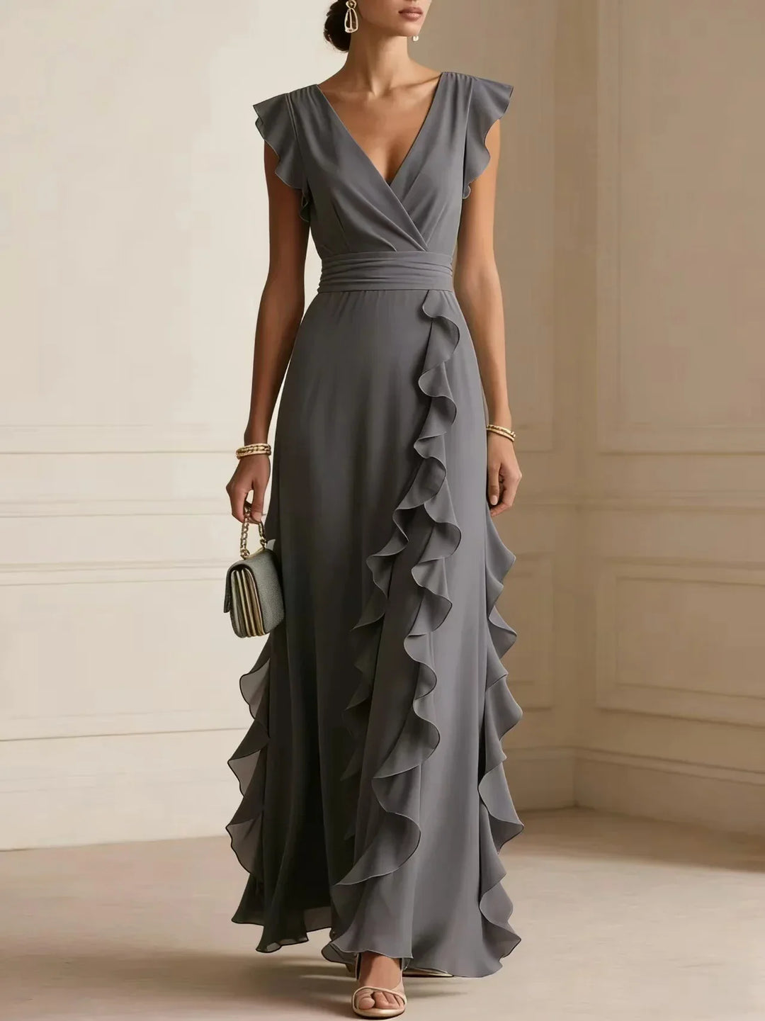 Front view showing wrap bodice, banded waist and ruffle trim, charcoal gray