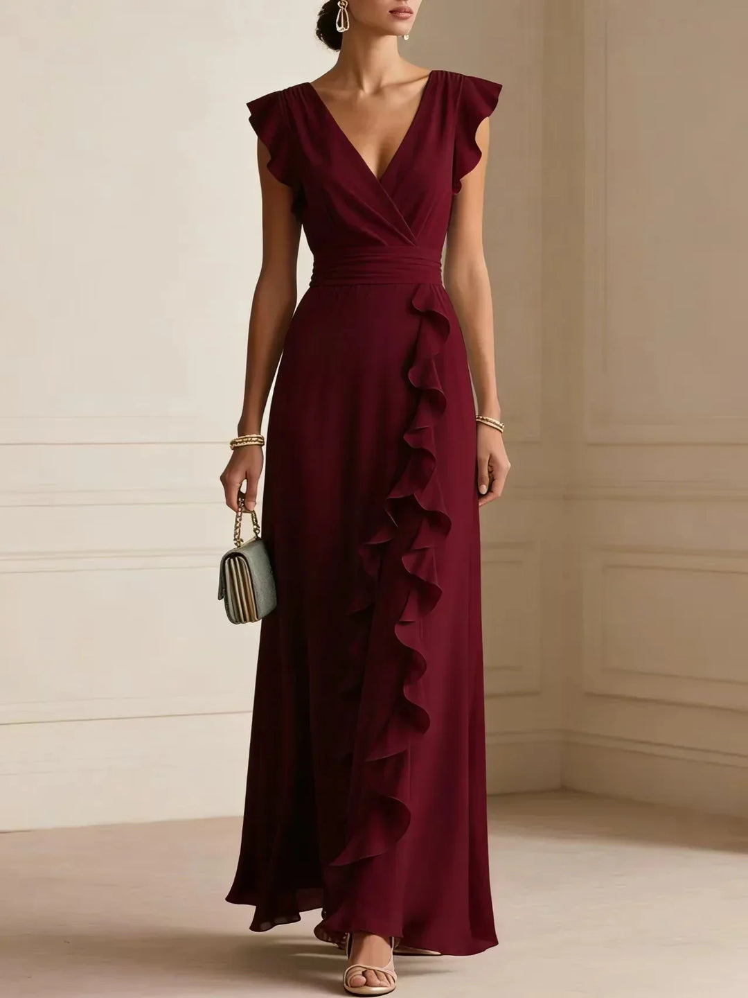 Front view of cap sleeves and cascading ruffle trim, burgundy