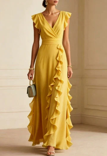 Front view showing cap sleeves, banded waist and ruffle trim, mustard yellow