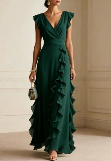 Front view with V-neckline, wrap front and ruffle skirt, emerald green
