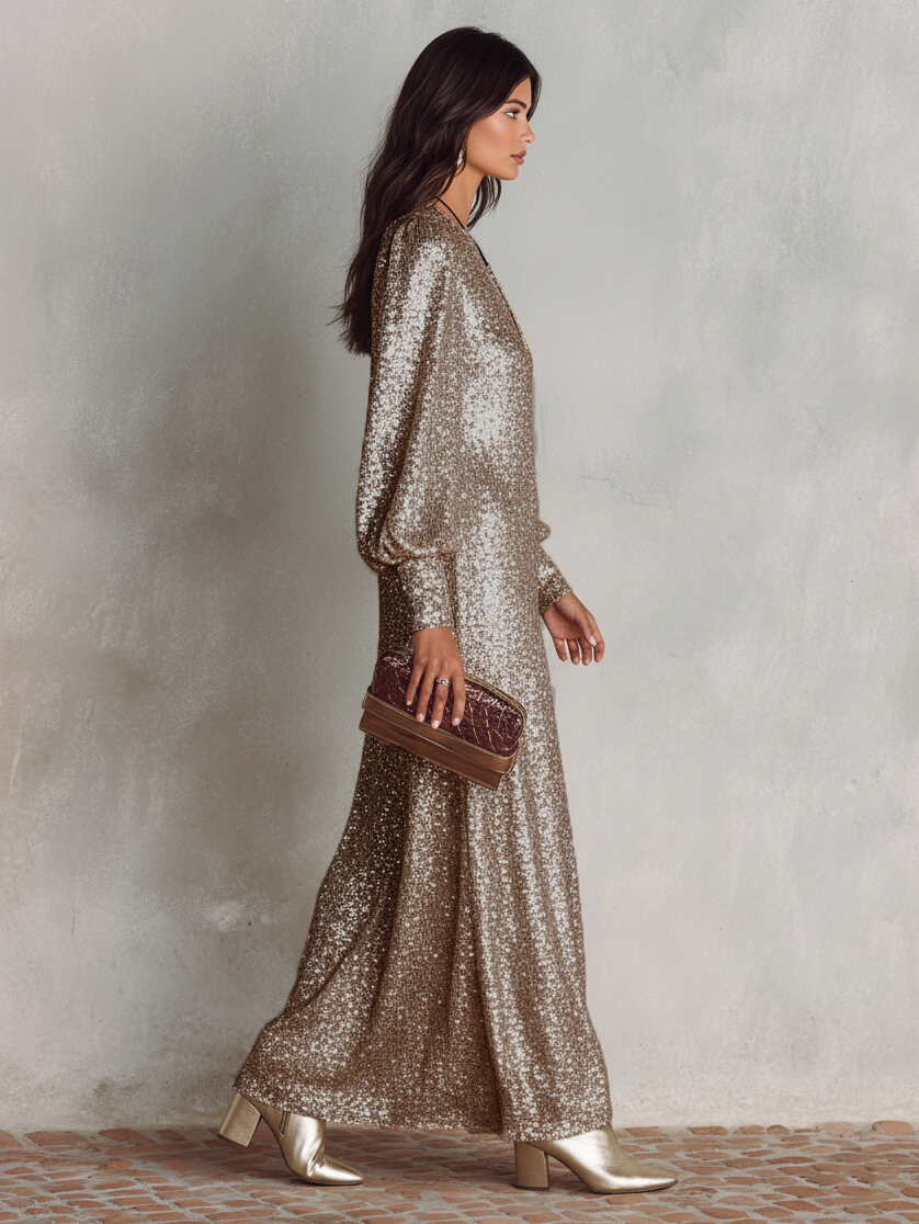 Side view of long sleeves and floor-length hem