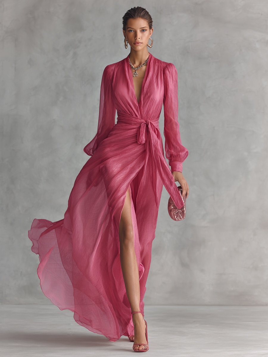 Front view showing v-neckline, wrap bodice, tie waist and floor-length hem