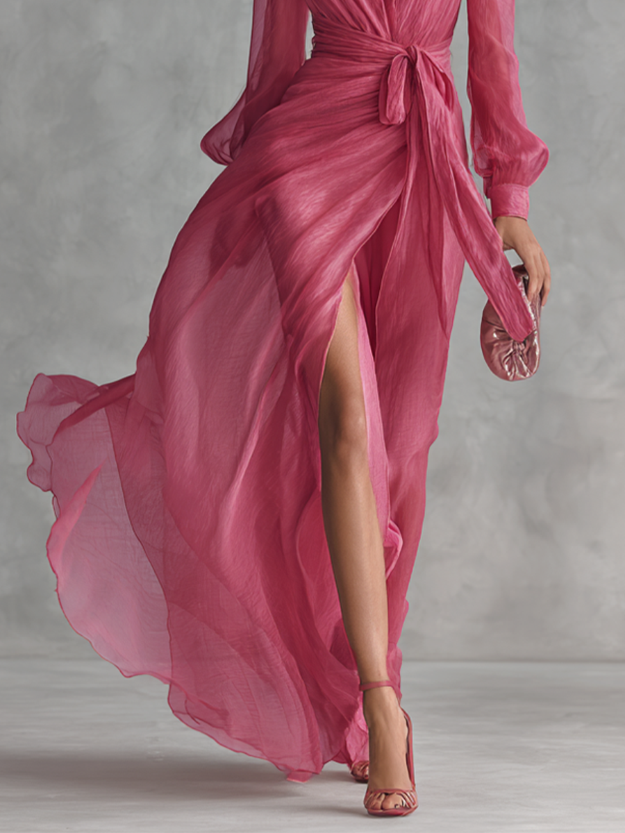 Detail view of wrap skirt, front slit and floor-length hem