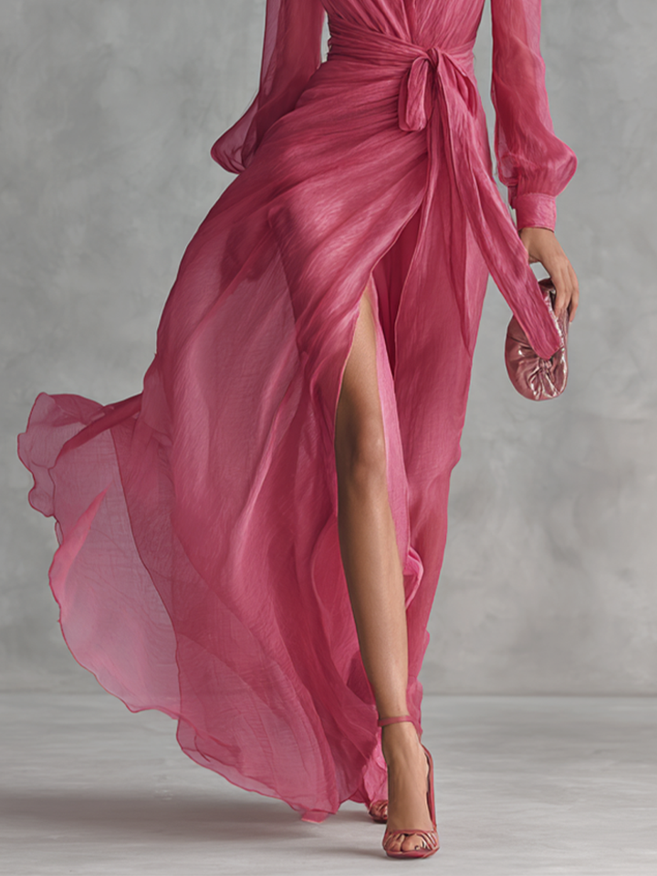 Detail view of wrap skirt, front slit and floor-length hem