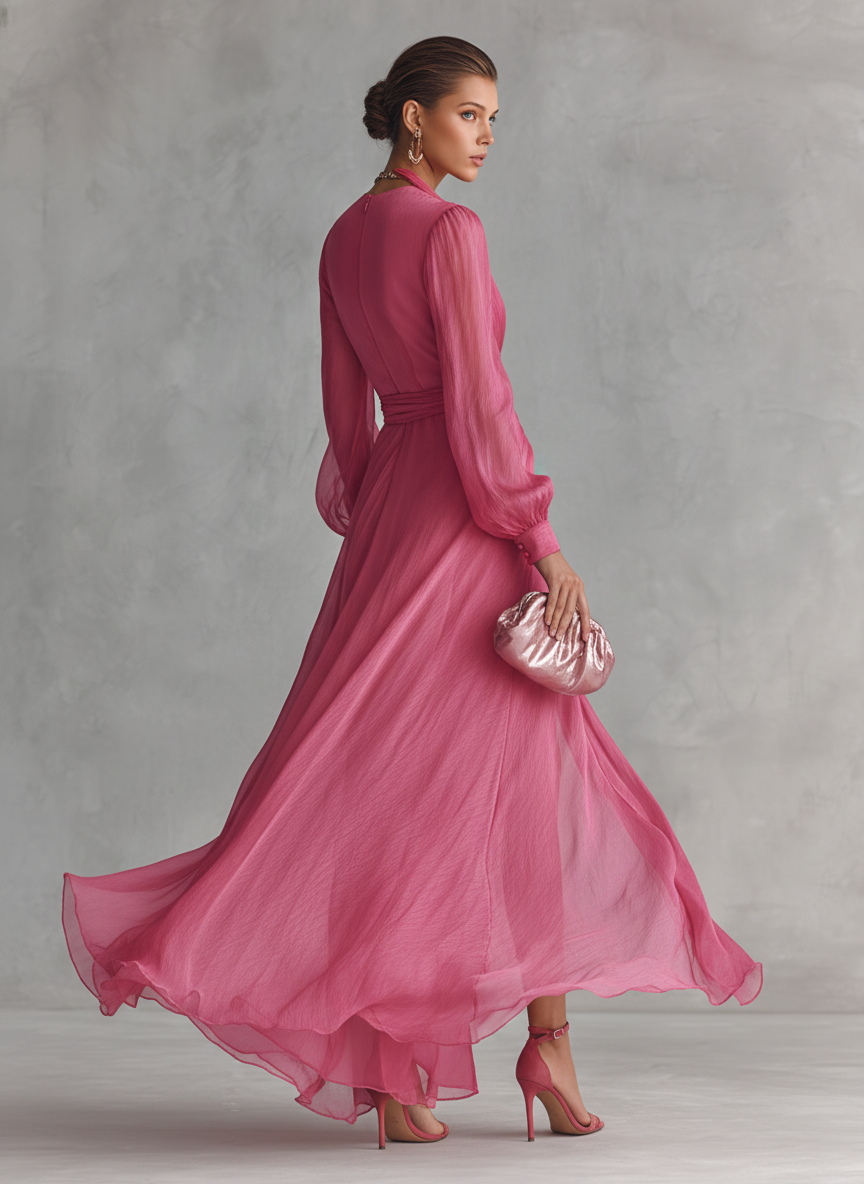 Back view showing back bodice, long sleeves, banded cuffs and skirt
