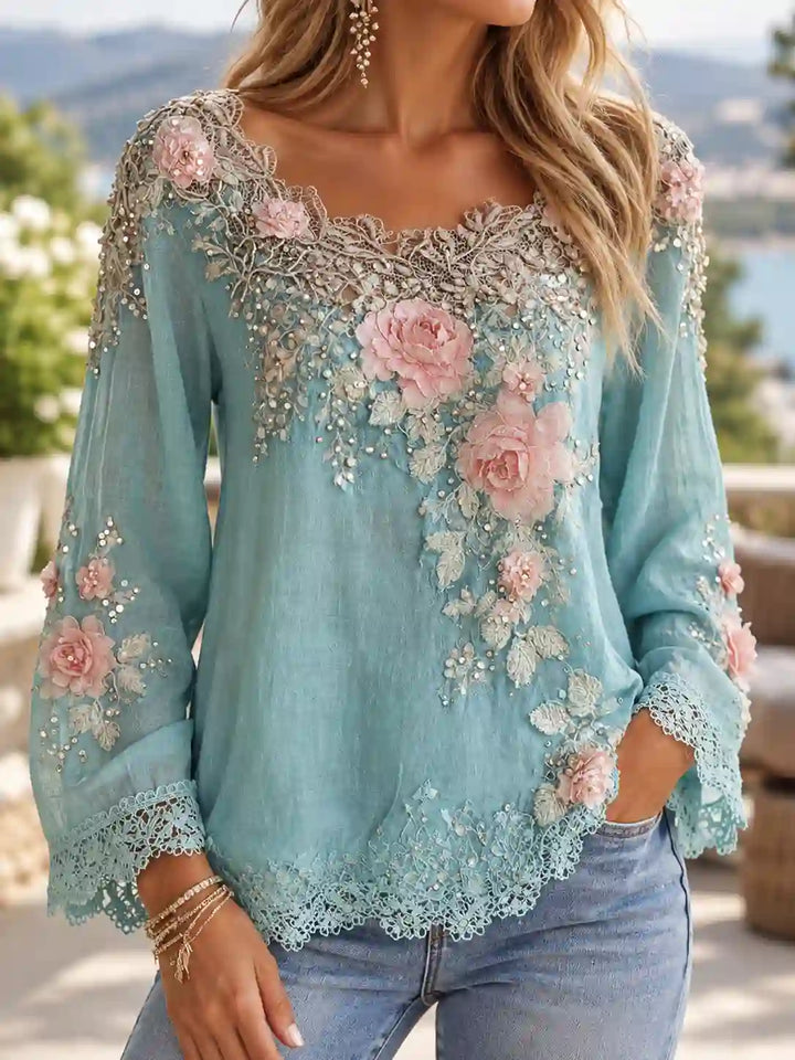 Truckee | Women’s Wide Scoop Neck Floral Appliqué Lace Trim Top