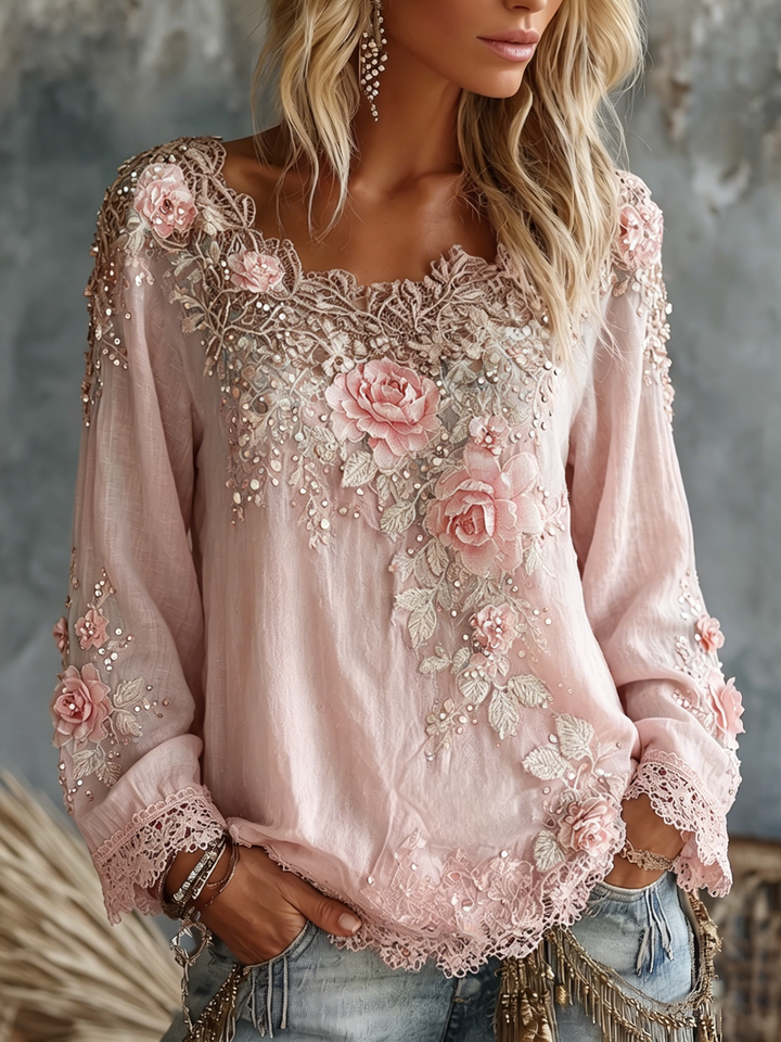 Truckee | Women’s Wide Scoop Neck Floral Appliqué Lace Trim Top