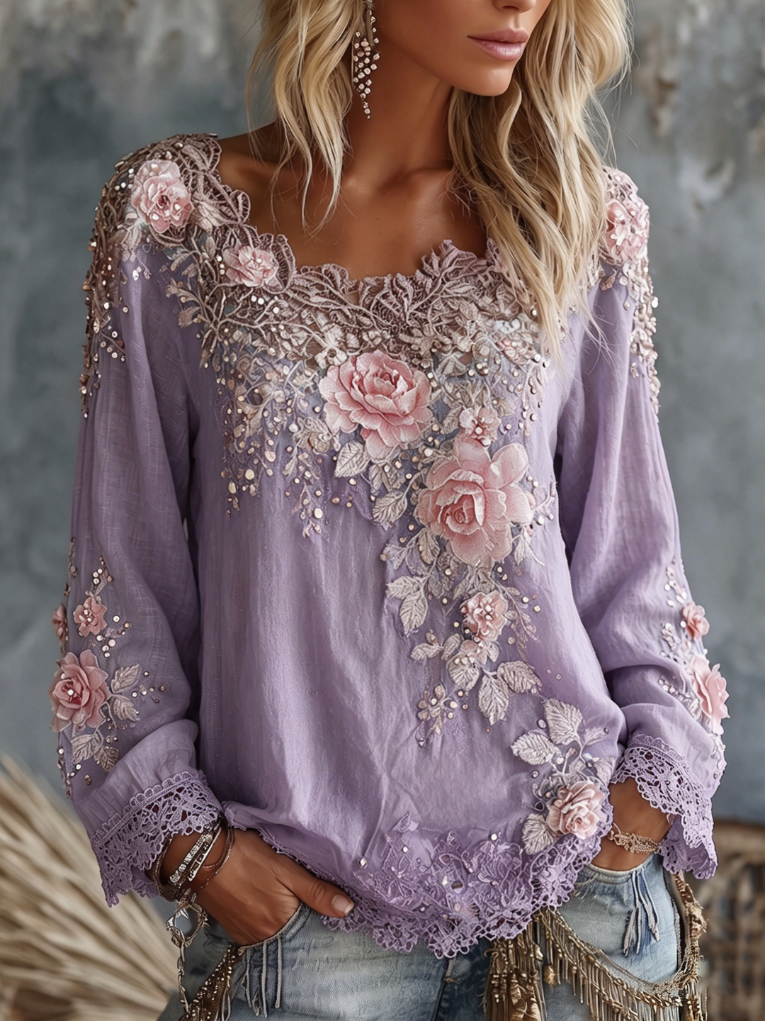 Truckee | Women’s Wide Scoop Neck Floral Appliqué Lace Trim Top