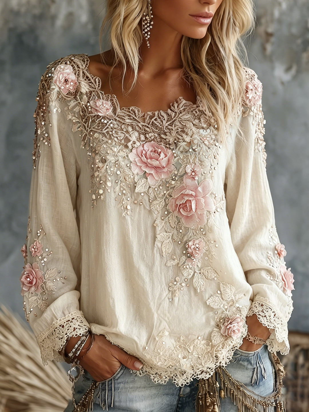 Truckee | Women’s Wide Scoop Neck Floral Appliqué Lace Trim Top