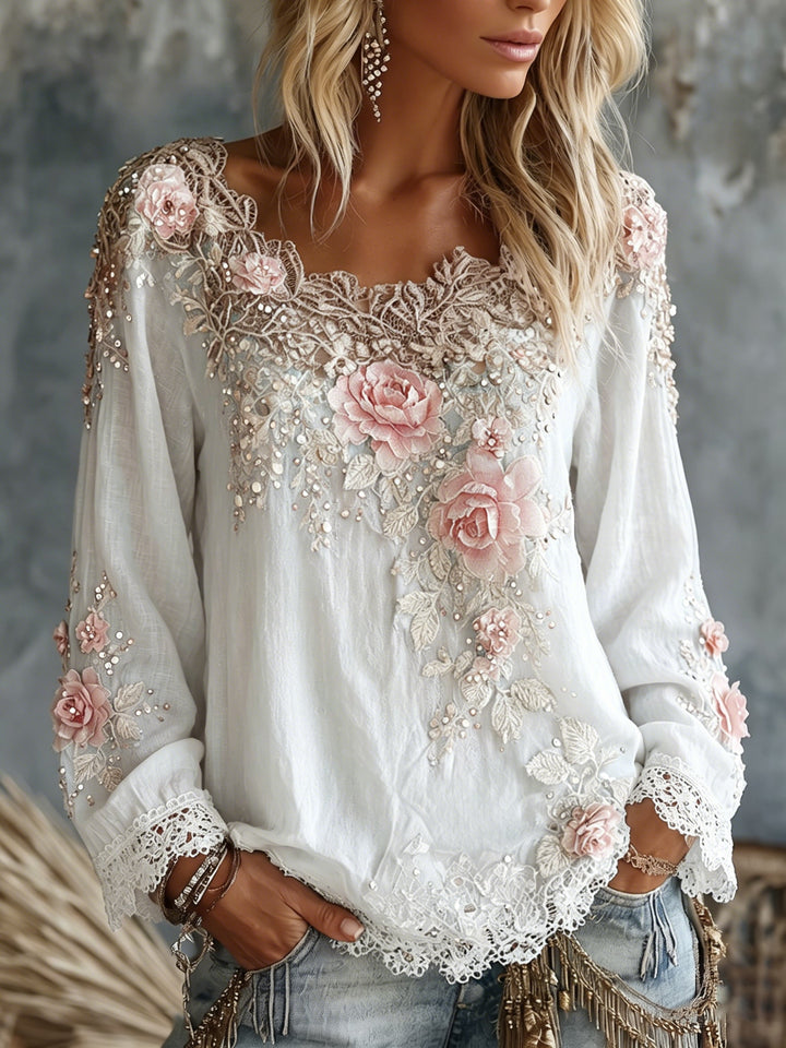 Truckee | Women’s Wide Scoop Neck Floral Appliqué Lace Trim Top
