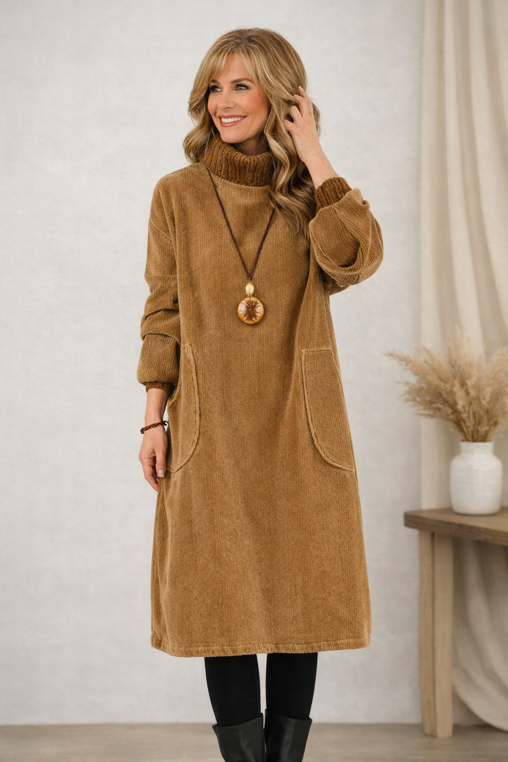 Front view of turtleneck midi dress with long sleeves, banded cuffs and patch pockets, brown