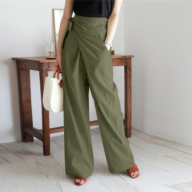 Front view of gathered waist with side tie and side pocket, olive green